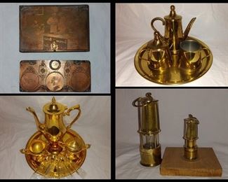 Copper Printing Plates; Top Plate is Marked Bundles for Britain; a National Organization who Sent Care Packages during WWII, Copper & Brass Tea Sets and Mini Miner's Lamps
