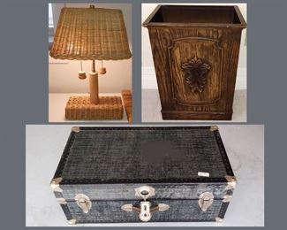 Cute Little Wicker Lamp, Vintage Trash Can and Trunk