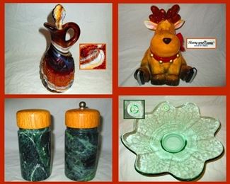 Imperial Slag Glass Cruet, Harry and David Moose Cookie Jar, Marble Salt and Pepper Shakers and Recycled Glass Platter 
