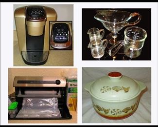 Kuerig Coffee and Tea Maker, Le Creuset Glass Measuring Cup, Food Sealer and Pottery Covered Casserole 