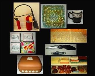 Large Fire Extinguisher, Fancy Glass Plate, Dog Love Coffee Mug, Funny & Decorative Napkins, Loads of Glassware, Knives, Wedgwood Box and Linens and Molds 