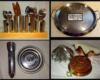 MCM Stainless Steel Flatware and Holder, Cuisinart Large Heavy Grill Pan, Ray-o-Vac Vintage Working Flashlight, Husky Tools Dish, Shell Bowl and Molds 