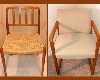 Mid Century Modern Caned Chair and One of a Pair of Arm Chairs