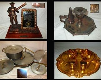 NRA Sculpture, Silver Plated Candle Holder with Snuffer, Commercial Aluminum Cookware and Gold Toned MCM Tiny Salt and Pepper Shakers 