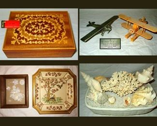 Music Box, Small Planes, Framed Shell Flowers, Asian Bowl and Shell Sculpture 