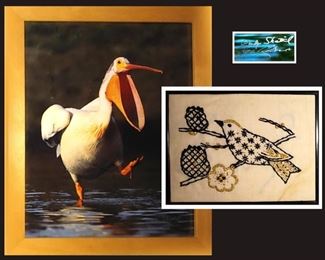 Signed Pelican Photo and Small Needlepoint 