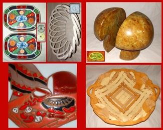 Small Japanese Dishes, Stone Mushroom Bookends Made in Italy, Decorative Tile and Clay Bowl 