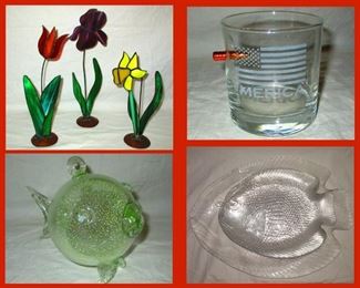 Standing Stained Glass Flowers, Benshot Bullet Glass, Cased Glass Fish and Fish Platters