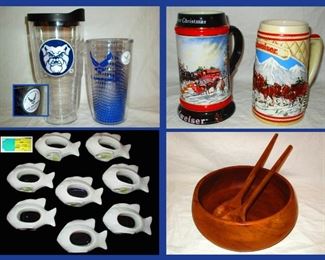 Tervis Tumblers, Bud Steins, Shefford Fish Napkin Rings in Original Boxes and Wooden Salad Bowl and Servers 