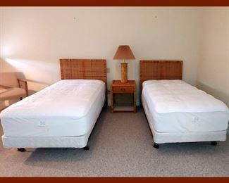Twin Beds, Rattan Headboards, Table and Lamp 