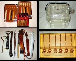 Vintage Majestic Gifts Forks and Spreaders, Lucite Ice Bucket with Tongs, MCM Bar Ware and Apple Sticks 