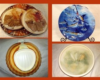 Vintage Lucite Trivets, Guy Harvey Platter, Fitz and Floyd Chip and Dip Bowl and Pottery Bowl 