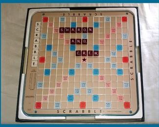 Deluxe Scrabble Game; Metal Board on a Spinning Lazy Susan in Original Box with Wooden Tiles