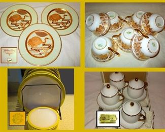 Golden Heron Plates by Fitz and Floyd 1977, Spode Cups, Fris Edam Plates Holland and Shefford Pots; 2 sets; one set New in Box