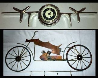 Airplane Propeller Clock and Metal Bicycle Sculpture