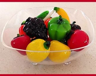 Lots of Glass Fruit and Large Acrylic Footed Bowl 