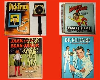 Dick Tracy Book 1943 and Wrist Radio, Mighty Mouse Film, Jack and the Beanstalk Linenette Book and Dr. Kildare Book 1961