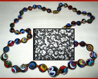 Black Jasperware Beads and Venetian Millefiori Glass Graduated Beaded Necklace 