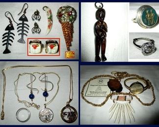 Gold and Costume Jewelry; Bauer Ice-Cream Cone Brooch, Strawberry Margarita Earrings, Signed Scrimshaw Pendant, Gold and Sterling Chains, Michael Kors Watch in Working Order and Chaga Love Survival Necklace 