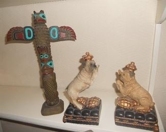 Brian Chilton signed totem pole, Pug bookends