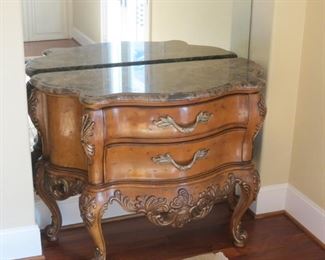 AVAILABLE FOR EARLY SALE.  $700.00 EACH.  A PAIR OF OVERSIZE MARBLE TOP BOMBAY CHESTS  BY HENREDON.  BEAUTIFUL.