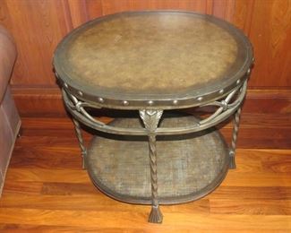 WROUGHT IRON OVAL LEATHER TOP TABLE