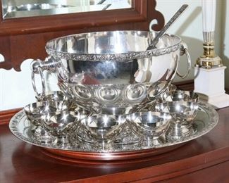 SILVERPLATE PUNCH BOWL, MATCHING ROUND TRAY,  WITH DESSERT STEMS, GOBLETS & CHAMPAGNE STEMS