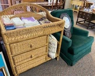 Upholstered Rocker. Wicker changing table.