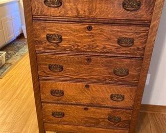 $160 tiger Oak Tall chest - 32” x 18”x 47 1/2” 