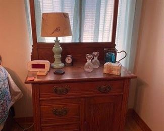 $150 Oak vanity / towel holder cabinet 32” x 18” x 54 to top 