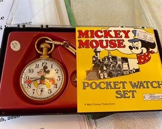 $50 - 1970’s in original box, Mickey Mouse pocket watch set with fob