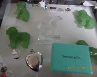 LALIQUE HOSRE, STERLING PERFUME, JADEITE HORTSES AND DRAGONS