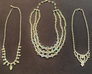 Vintage necklaces. Rhinestone glass stones, cut glass bead and smaller cut glass. All good clasp and no missing stones. None marked. Lot of (3) $20