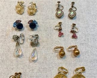 Vintage earrings clip and screw on. All good except one, which has the glass tear drop unattached to clasp. None are marked. (Lot of 10) $12