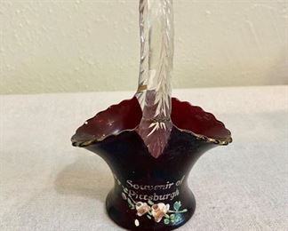 Small cranberry glass basket with gold trim inscribed with "Souvenir of Pittsburg". Measures 5 1/2" tall. No cracks or chips. $14