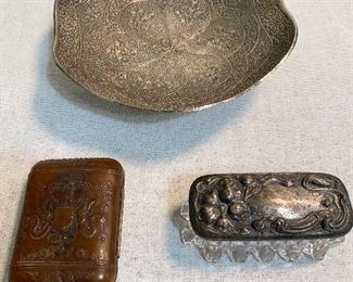 Lot of 3 items-silver plated bowl/dish, celluloid container and a cut glass vanity dish with lid. $16