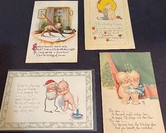 Vintage "Kewpie" postcards. Top left is "1915", written on the back & postmarked with 1 cent stamp. Top right is same era with 1 cent stamp. Bottom left is mint and signed O'Neill, published by the Gibson Art Co., no stamp but written on. Bottom right is signed O'Neill, 1919, postmarked with 1 cent stamp. (4) $22