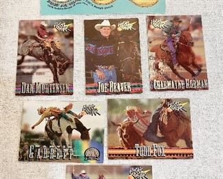 Rodeo cards by High Gear "1995", calf roping, steer wrestling, barrel racing, bronc riding. Joe Beaver, Dan Mortensen, Todd Fox, Marvin Garrett, Charmayne Rodman & Bobby Joe Skoal. (Lot of 7) $5