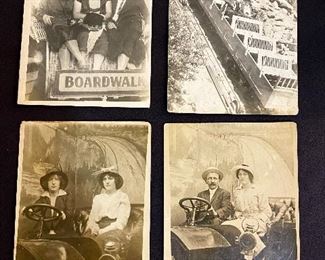 Real Photo Post Cards (RPCC) - Early "1900's" - Ladies at the Boardwalk, Pike's Peak Railway, Studio photo Ladies in horseless carriage, Studio photo couple in a horseless carriage. (Lot of 4) $30