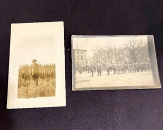 Military photo post cards - Card on left is marked on the back "Lillian Crump dressed in Jess's Uniform", also has embossed stamped "Samuels Patterson Studio, Kirksville, Mo." Right = Unmarked, unlabeled post card of military regiment with horses and wagons with weapons. (2) $10