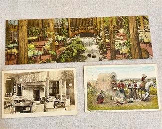 Postcards - Top is from "Dr. Camp's Brookdale Lodge", Santa Cruz Mountains. Center left is "Smoking Room". Center right is "Cowboys at Breakfast" by Fred Harvey, postmarked "1926".  (3) $6