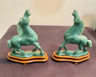 Jade horse bookends on ceramic base. Measures 7" tall. See additional photo for condition. Pair $60