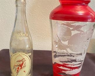"Polly's Pop" bottle from Independence, Mo (Truman's Hometown), Glass Artware picture with ducks (Phoenix?). (Pair) $12