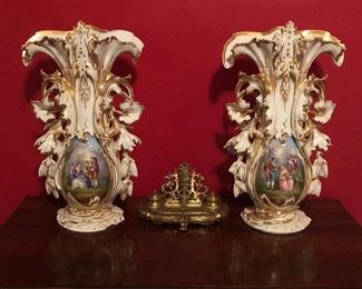 Extremely Large Pair of Old Paris Vases