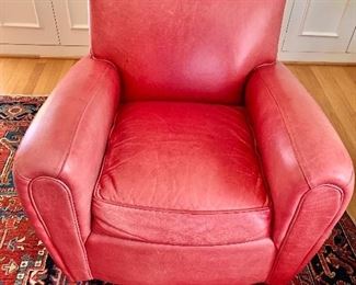 $295 each - Storehouse Mitchell Gold red leather armchair; 2 available; 33 1/2 in. (H), 37 in. (Depth), 33 in. (W), 17 1/2 (height to seat)