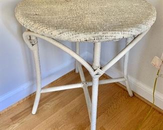 $75 - Vintage wicker table painted white, as is (small puncture);  28 in. (H) x 25 in. (diameter)