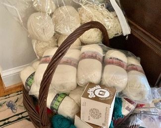 $90 - Basket of assorted yarn (100% wool, acrylic, etc.) and knitting needles 