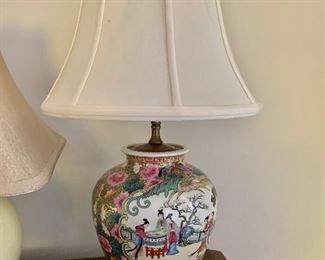 $120 - Famille Rose lamp with shade 22 in. (H) x 12 in. (W, shade), diameter base 7 in.