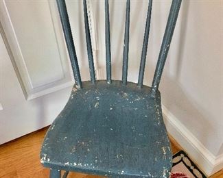 $60 - Vintage child's wooden chair with distressed blue paint; 30 in. (H), 15 in. (W) x 13 1/2 in (depth); 14 in. (height floor to seat)