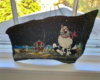 $30 - Hand painted Slate Christmas Scene with Cat by Court Ken 11 in. (H) x 16 in. (W); two holes for hanging